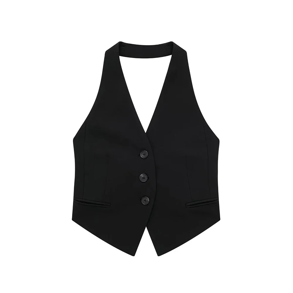 Women Fashion Black Backless Lace Up Waistcoats Vintage Halter Neck Sleeveless Jackets Female Chic Lady Tank Tops