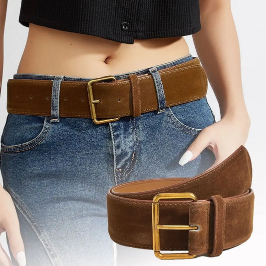 Women Luxury Design Suede Leather Wide Belt Casual Versatile Business Waist Strap Trendy Pin Buckle Waistband