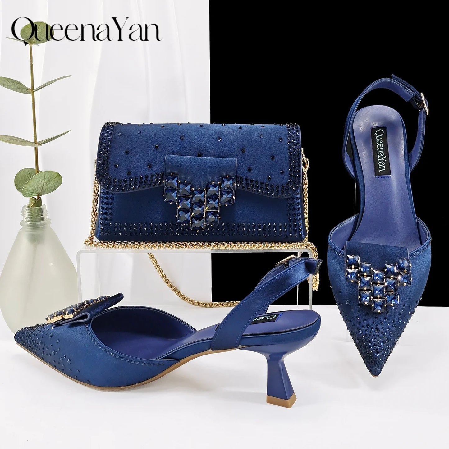 Green Color Rhinestone Comfortable High Heel Shoe And Bag Fashion Style Pointed-Toe Shoes For Women Or Commuting Shoes