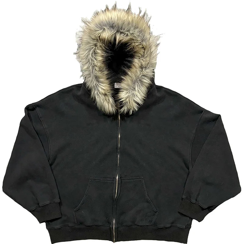 2025 Outono/Inverno Novas Blusas Y2k Harajuku Gola de Pele Artificial Moletom com Capuz Roupa Estampada Hip Hop Punk Gótico Moletom com Zíper