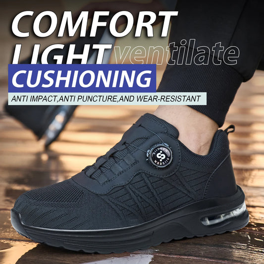 Men's Safety Shoes Steel Toe Anti- Crush Puncture Resistant Kevlar Pure Black Button Air Cushion Lightweight Work Shoes