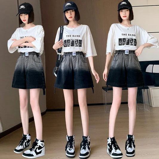 Plus Size Denim Shorts For Women Summer 2024 New High Elastic Waist Pockets Wide Leg Loose Jean Short Femme Hot Sale