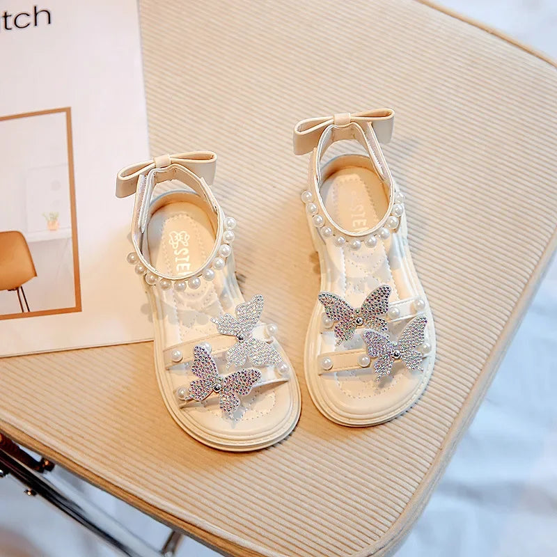 Kids Roman Sandals 2024 New Girls' Princess Shoes with Butterfly Girl Fashion Sweet Pearl Beach Shoes with Back Knot Anti Slip