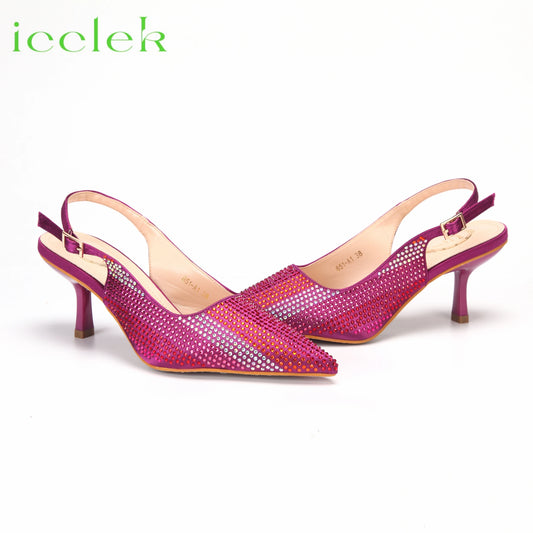 Italian Design African Women's High Heels Pointed Toe Sandals Party Wedding Party Magenta Color Shoes and Bags Set