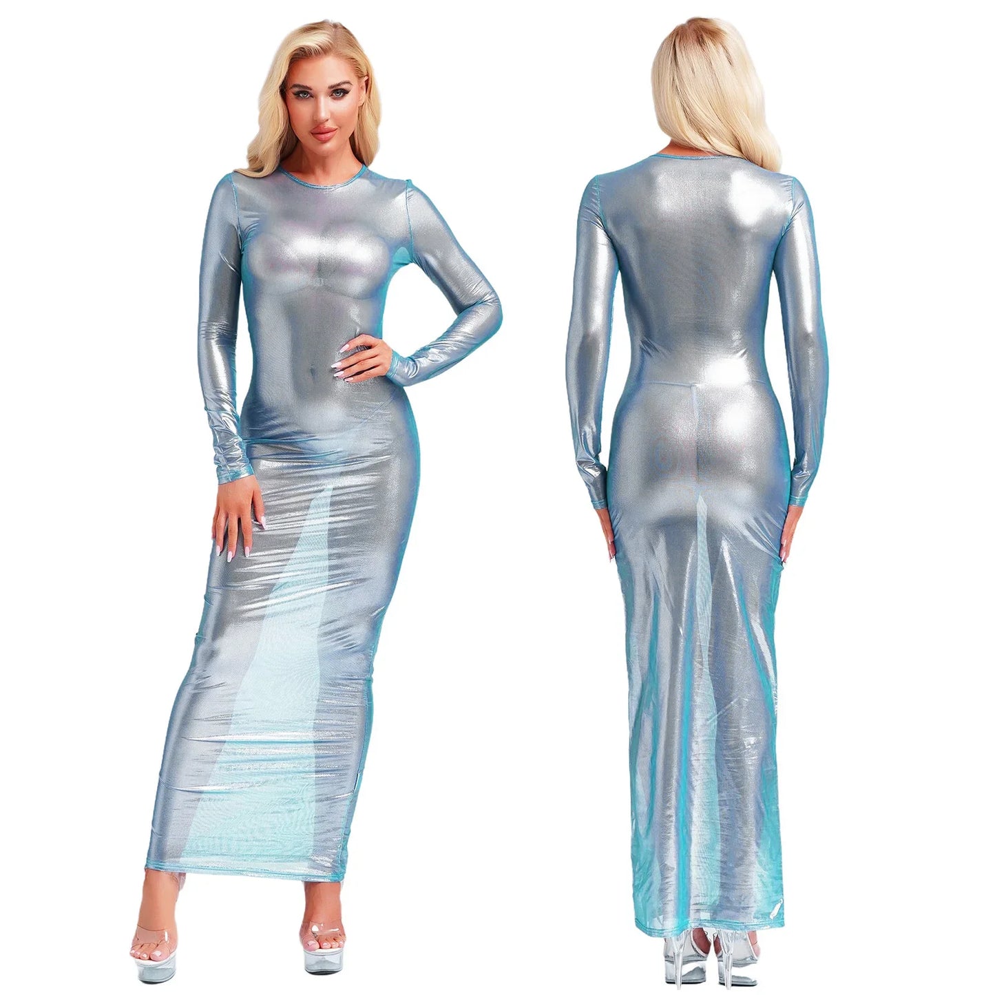 Womens Shiny Metallic Sheer Long Dress See Through Long Sleeve Bodycon Maxi Dress Cover Ups Rave Party Night Club Wear Underwear