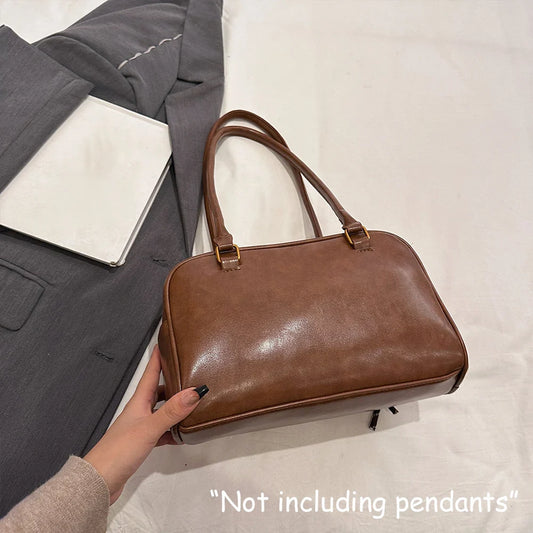 Women's Retro Solid Color Pu Leather Shoulder Bag with Multiple Pockets, Large Capacity, Exquisite and Fashionable Handbag