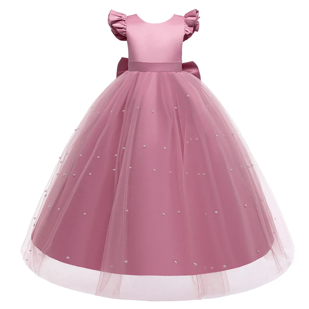 Teen Big Bow Girls Princess Dresses for Bridesmaids Kids Party Dress for Girl Beading Wedding Prom Pageant Dress Gown 5-14 Years