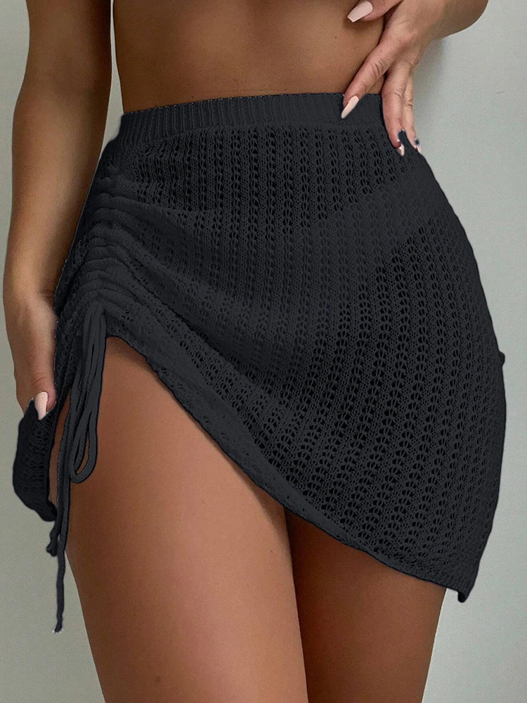 Elegant Drawstring Hollowed out Bikini Short Skirt Fashionable Knit Mini Skirt for Summer Beach Pool Party