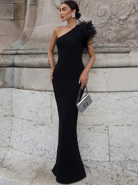 Black Sleeveless One Shoulder Maxi Dress For Women Bodycon Sexy Party Elegant Long Dress Birthday Evening Outfit