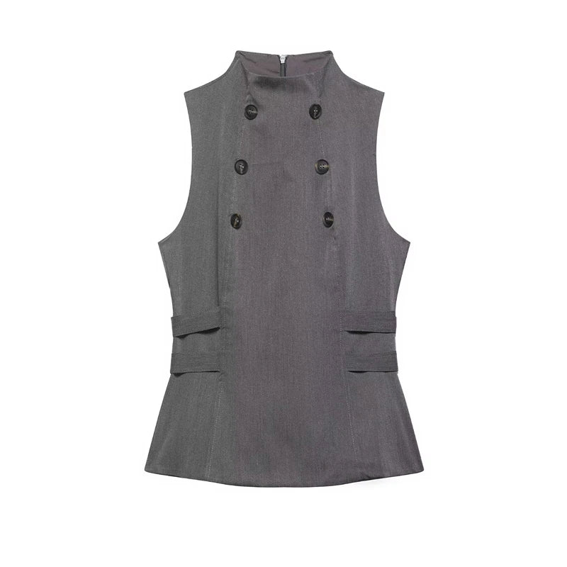 Women's two-tone double-breasted high-neck sleeveless top, waist-cinching slim-fit high-street casual women's vest, 2026 new