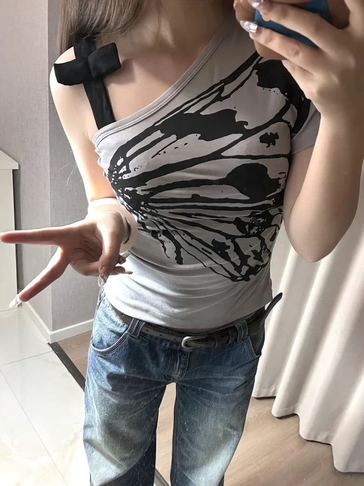 Camiseta Feminina Sexy de Verão com Ombro a Ombro, Estampa Estética Coreana Harajuku, Manga Curta, Cropped, Feminina, Algodão, Laço Frontal