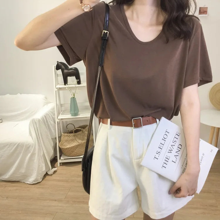 1pcs Girls Summer Solid T-shirts Women Classic Basic Fashion Tees Students Short Sleeve Loose Tops Female V Neck Comfort Tshirts