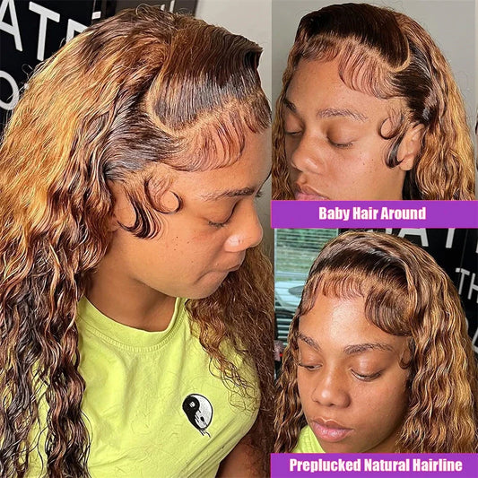 4/27 32 Inch Highlight Honey Brown Curly Lace Front Human Hair Wigs 13x6 Ombre Colored Deep Wave Lace Frontal Wigs Women 