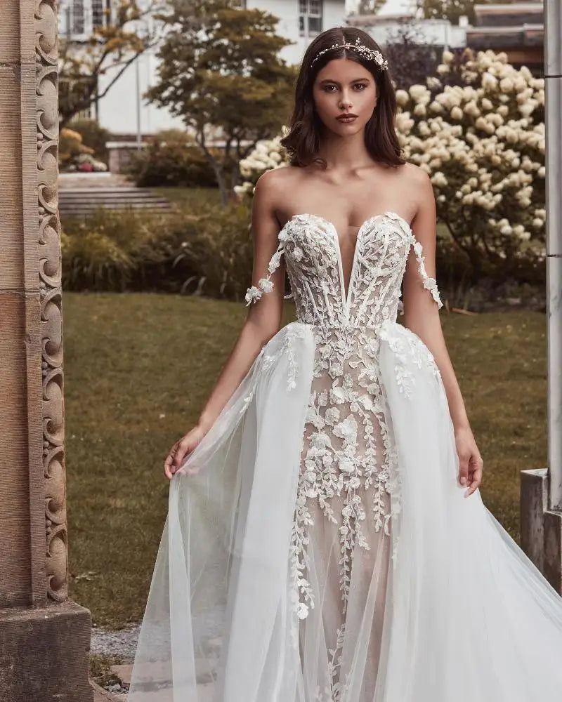 Sexy V-neck Full Lace Applique Mermaid Wedding Dresses Detachable Train 2 In 1 Custom Made Vestido De Noival