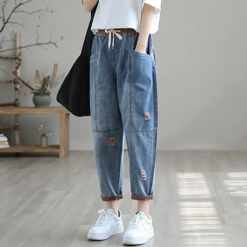 Women Elastic High Waist Denim Pant Casual Trousers
