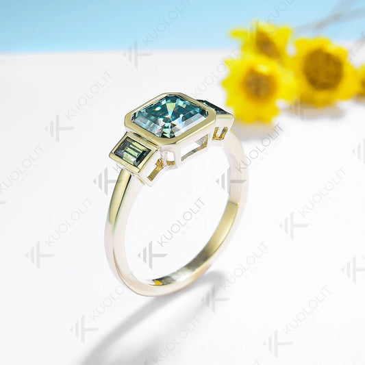 2CT Cyan Moissanite Rings for Women Solid 14K 10K 585 Yelllow Gold Asscher Ring for Engagement Anniversary Engagement
