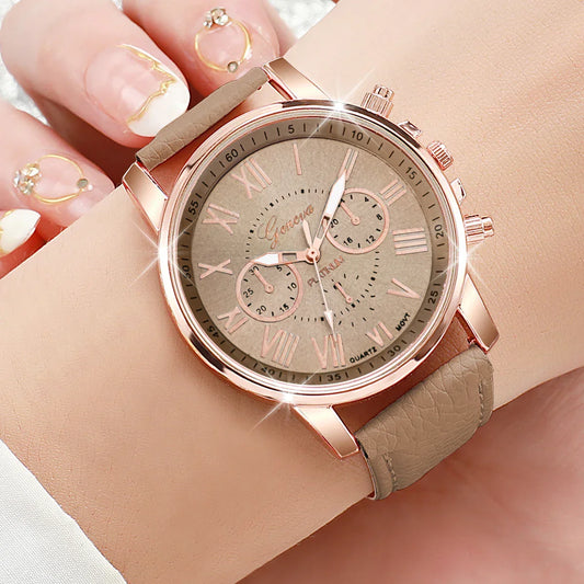 6PCS/Set Fashion Roma Dial Women's Quartz Watch Casual Leather Band Analog Wrist Watches(Without Box)
