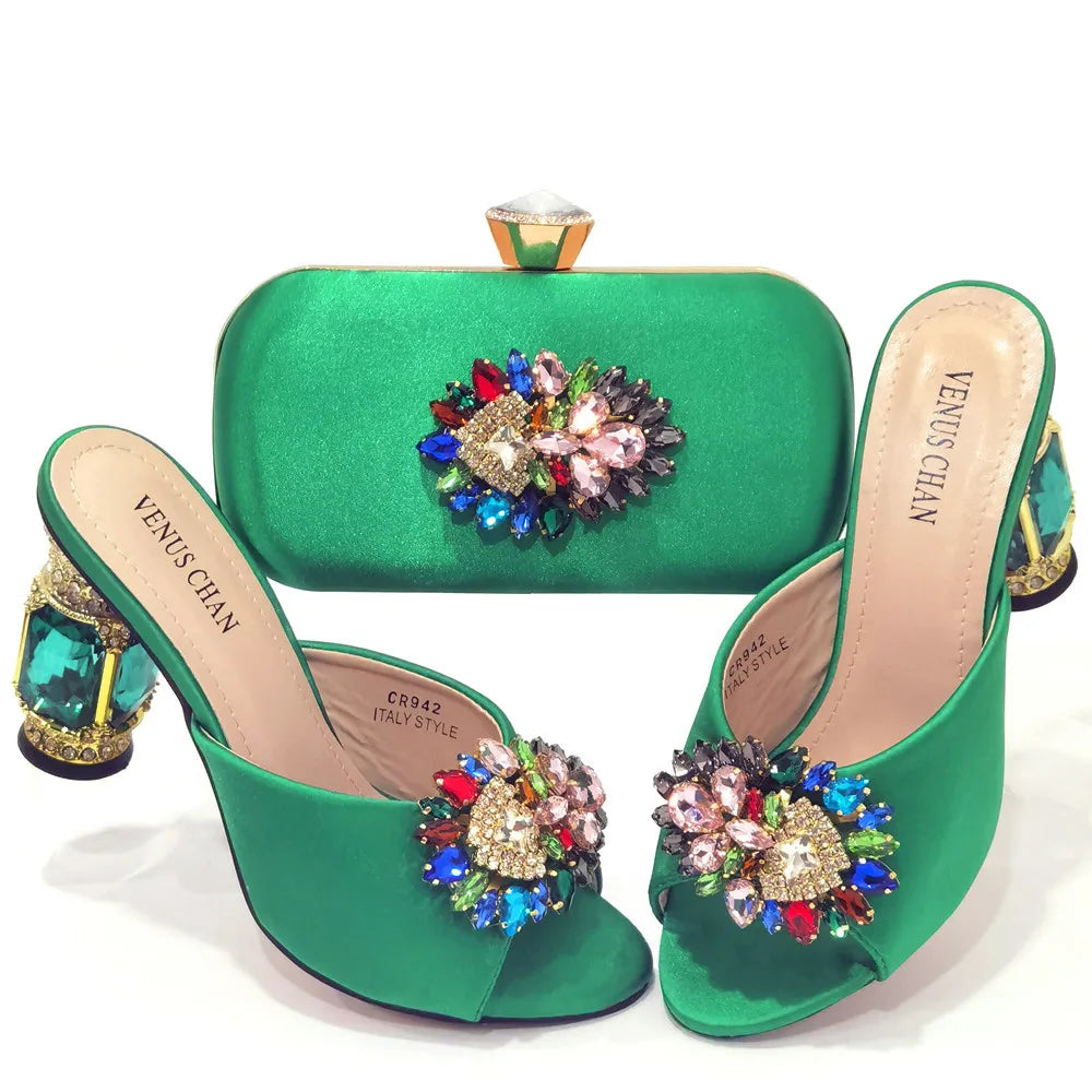 Bolsas e Sapatos de Casamento com Salto Alto Feminino de Festa com Strass Luxuosos na Cor Amarela Elegantes para a Noite