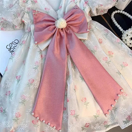 2 3 4 5 6 8 Years Girls Princess Dress Summer New Full Print Flowers Puff Sleeve Bow Mesh DresseTutu Birthday Party Gown