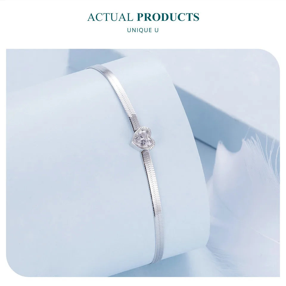 925 Sterling Silver Punk Herringbone Snake Chain Bracelet Heart Blade Chain Link Platinum Plated for Women Fine Jewelry