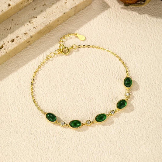 925 Sterling Silver Exquisite Elegant Oval Green CZ Charm Bracelet For Women Golden Color Daily Party Fine Jewelry