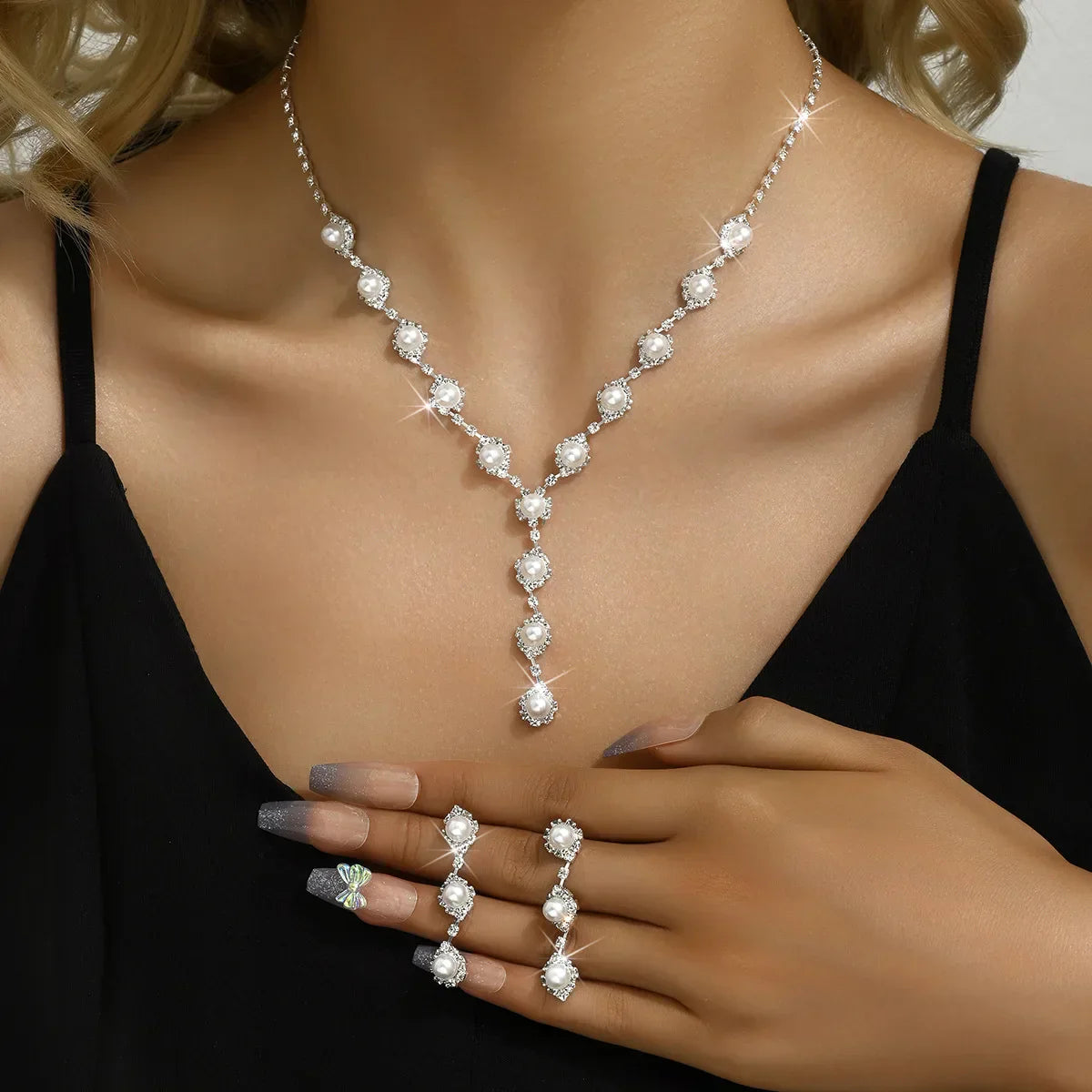 Silver Color Pearl Crystal Bridal Jewelry Sets Wave Shape Choker Necklace Earrings Sets for Women Wedding Jewelry Sets