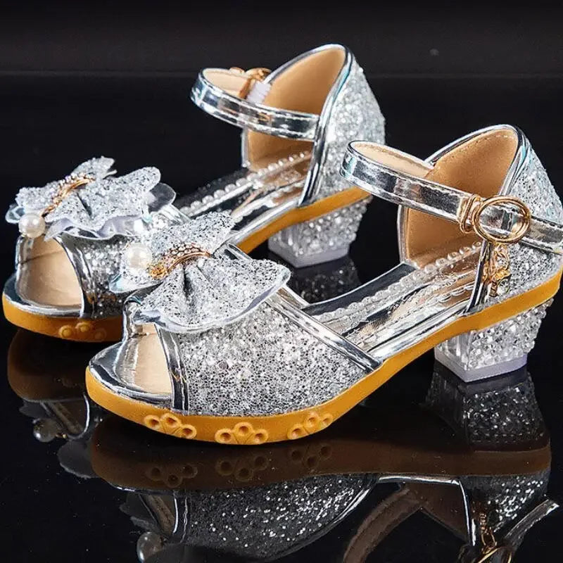 Girls Sandals Summer 2023 New Children's Princess Shoes Little Girls High-heeled Bow-knot Crystal Sandals Party Dress Wedding