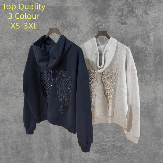 Y2K Retro Wings Sequin Hoodie Angel Wings Ornament Sweatshirt Harajuku Sweet Lady Casual Streetwear Relaxed Fit Pullover Coat