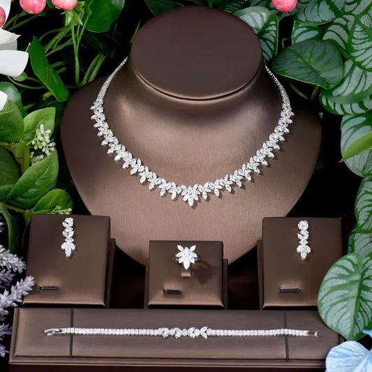 Fashion Cubic Zircon Leaf Pendant Necklace and Earrings Set 4PCS Bridal Wedding Jewelry Set for Women Gifts Bijoux S-353