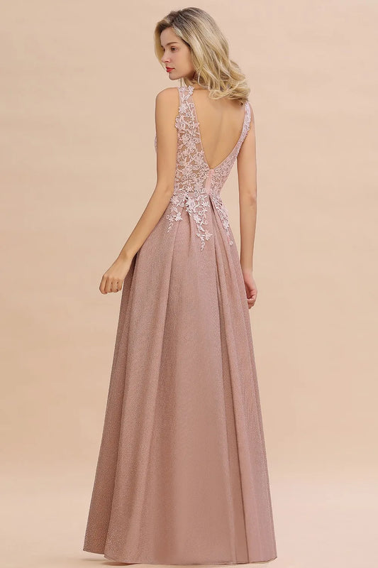 Dusty Pink Bridesmaid Dresses Appliques Lace V Neck Illusion Blue Burgundy Silver For Bride Wedding Party Prom Gowns Vestidos