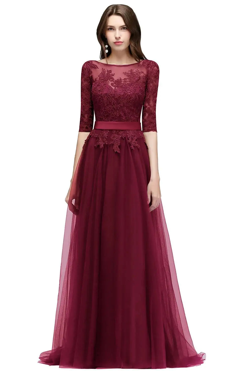 Scoop Neckline Zipper Up Tulle Long Floor-length Dresses Lace Applique Half Sleeve High Split Wedding Evening Party Prom Gowns