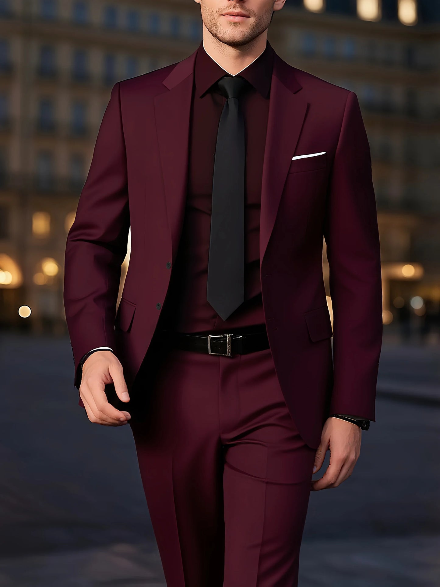 Men's Burgundy 2-Piece Suit Set (Blazer + Trousers Only, No Vest Included),Slim Fit Formal Business Wedding Party Jacket & Pants