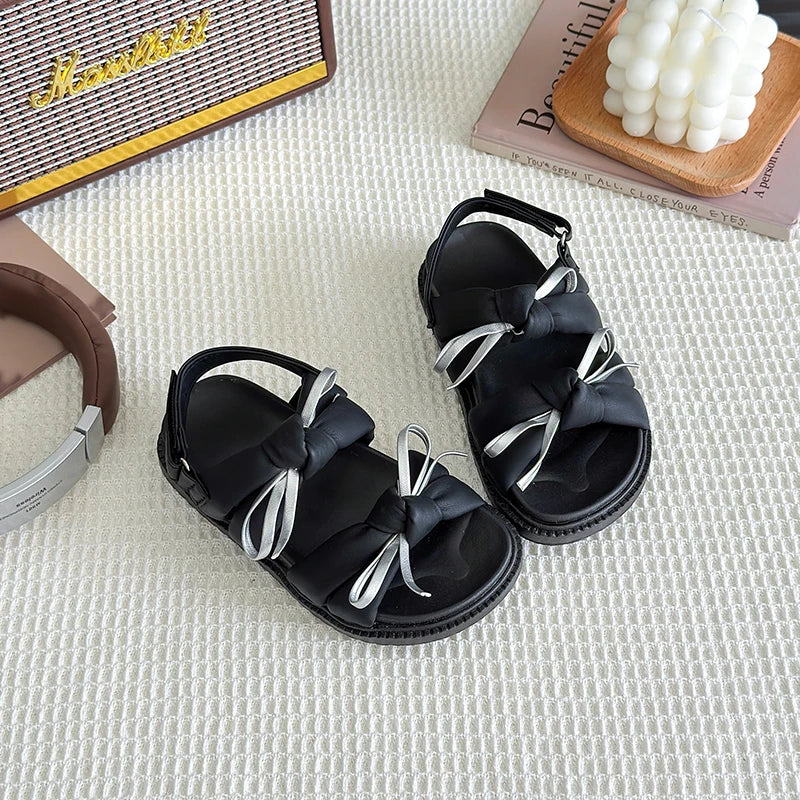 2026 Summer Girls Princess Sandals with Double Bow-knots Soft Fashion Classic Kids Summer Beach Shoes Open Toes Sweet Anti-skid