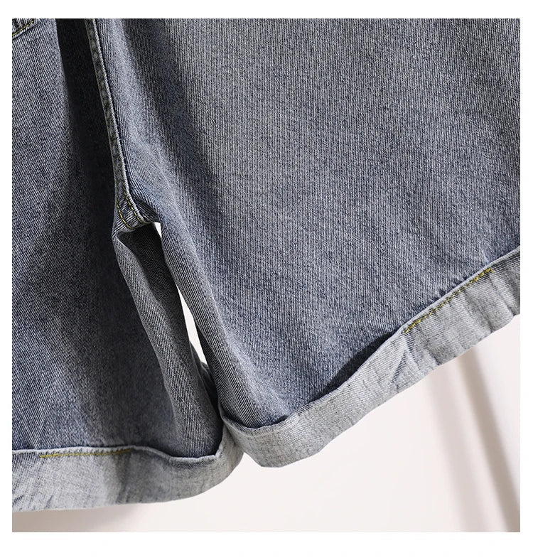 Plus Size Shorts For Women 2024 Summer New Arrivals High Elastic Waist Crimping Wide Leg Loose Streetwear Blue Jeans Shorts