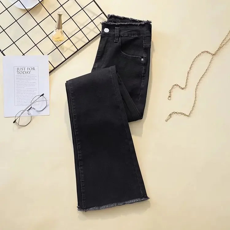 Calça Feminina Flare Micro Reta Solta Perna Larga Boca de Sino com Franjas