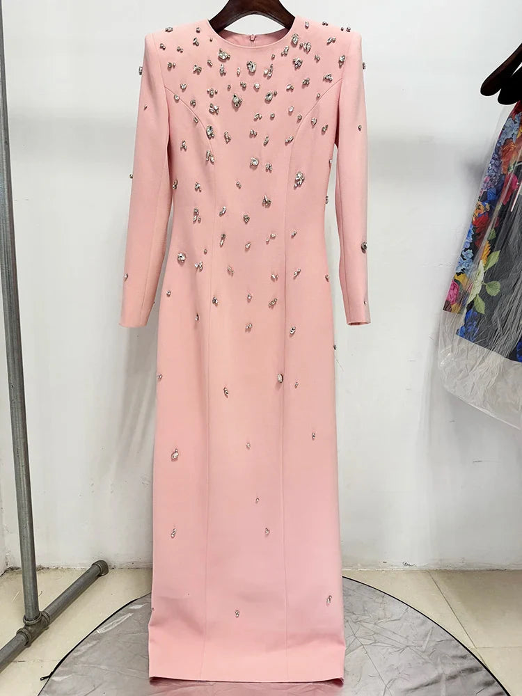 Designer Fashion Women's Rhinestone Diamonds Beaded Long Maxi Dress