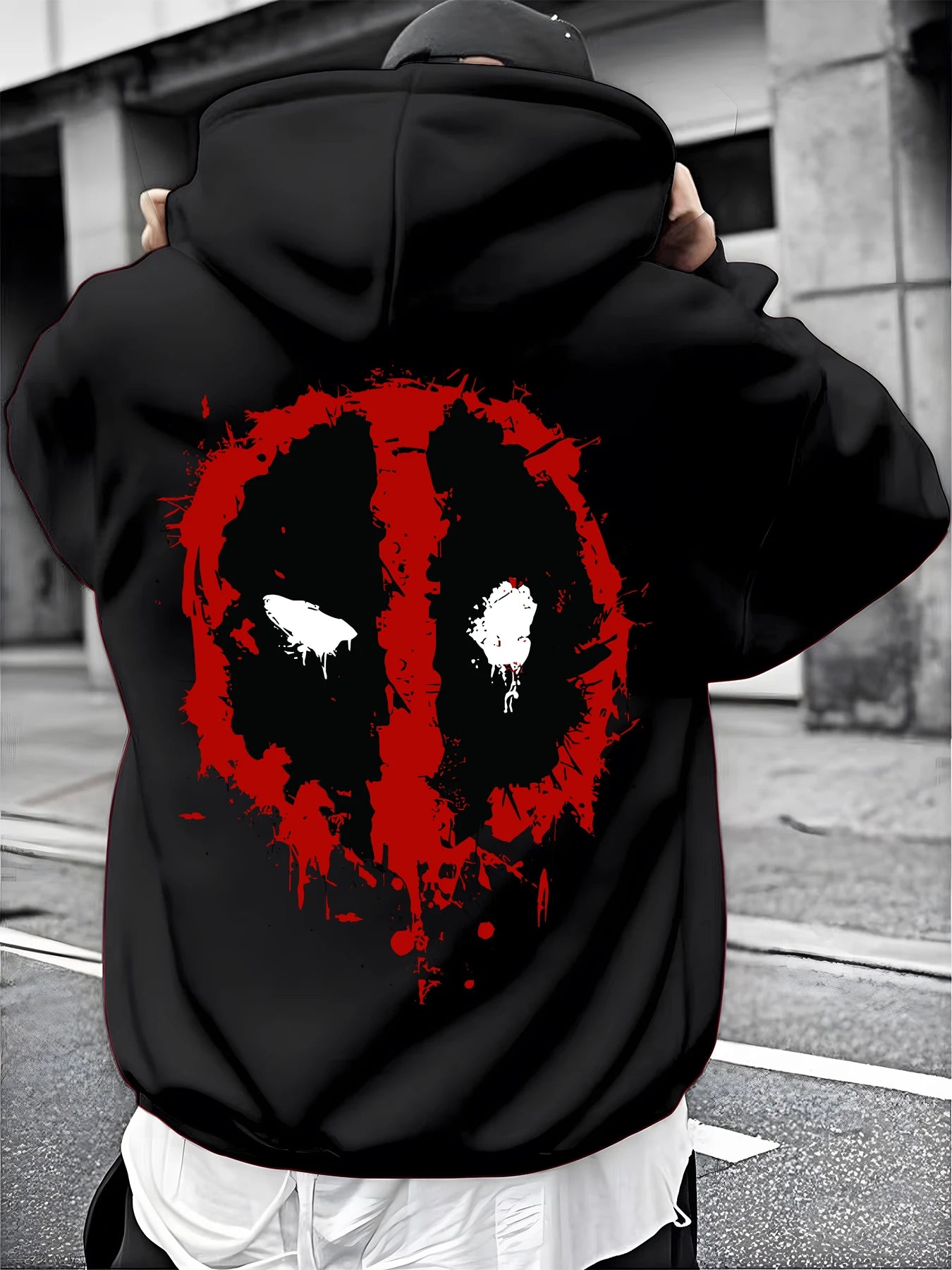 Moletom Masculino Preto com Estampa Vermelha Deadpool Padrão de Super-herói Pulôver Marvel 100% Algodão Estilo Casual de Rua com Bolso Frontal