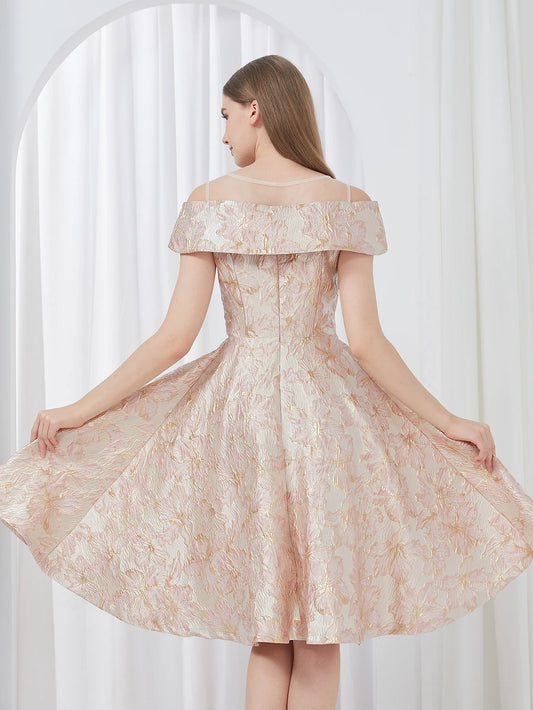 Vestido de Noite Curto Luxuoso para Mulheres, Jacquard, Retalhos Bordados, Vestido de Festa Elegante, Evasê Floral, Vestido de Baile