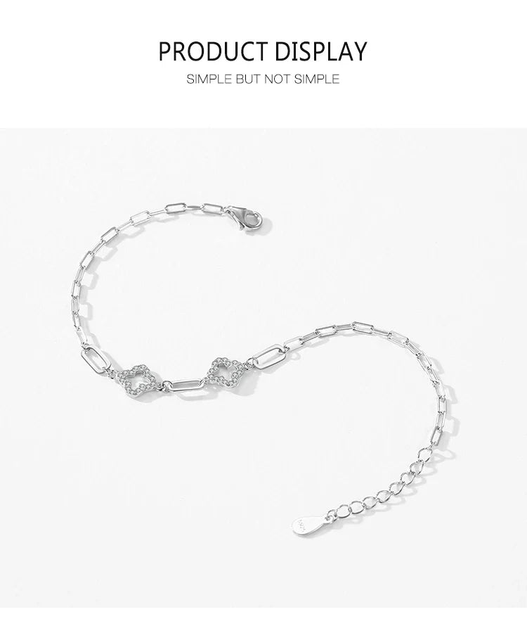 Real 925 Sterling Silver Charm Lucky Grass Cubic Zirconia Adjustable Bracelet For Women Classic Wedding Statement Jewelry