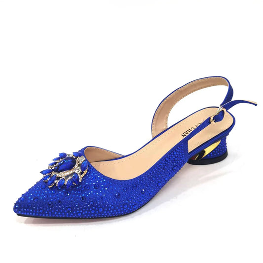 Royal Blue Sandals for Women 2024 Luxury Wedding Pumps Med Heels Rhinestone Design Party Shoes and Bags Set