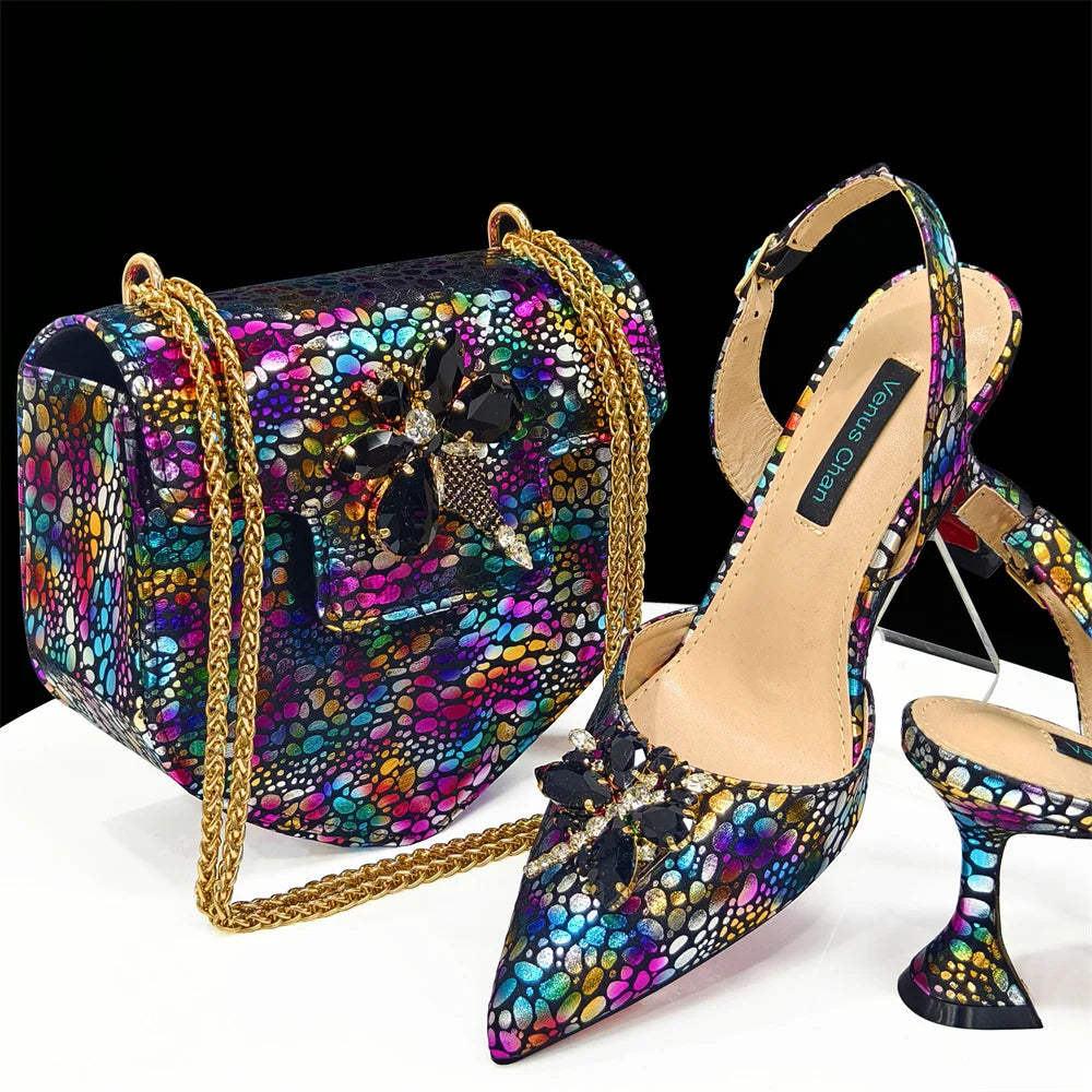Italian Design Luxury Women's Shoes And Clutch Green Full Diamond Decoration Metal Closure Bag for Party