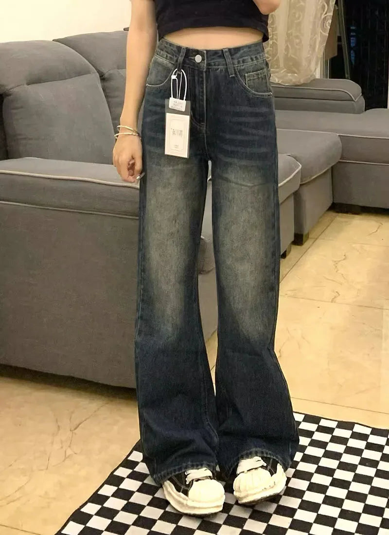 Y2K Retro Micro Denim Pants For Women Straight Fit Spring-autumn Style Pear-shaped Figure Large Size High Waist Slimming Effect