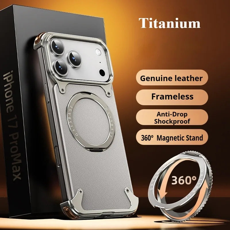 iPhone 17 Pro Max Air Phone Case Genuine Leather Magsafe Frameless Shell With 360°Rotate Magnetic Stand Anti-Drop Cover