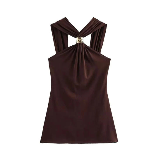 New Halter Tops Fashion Metal Decoration Crop Top Woman 2026 Sleeveless Hanging Collar Short Tops For Women Sexy Party Top