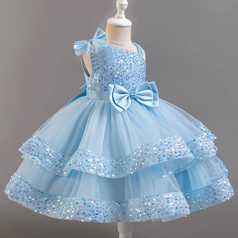 Girl's New Sequined Bow Irregular Collar Mesh Princess Dress Christmas Birthday Party Sweet and Cute Evening Dress