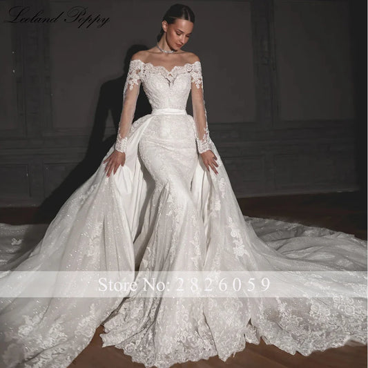 Customized Boat Neck Mermaid Lace Wedding Dresses Beaded Appliques Long Sleeves Bridal Gowns with Detachable Train