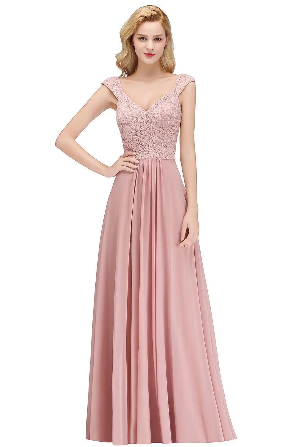 Dusty Pink Lace Chiffon Long Evening Dresses Women A-line Sleeveless Bridesmaid Formal Wedding Party Prom Gowns Robe De Soiree