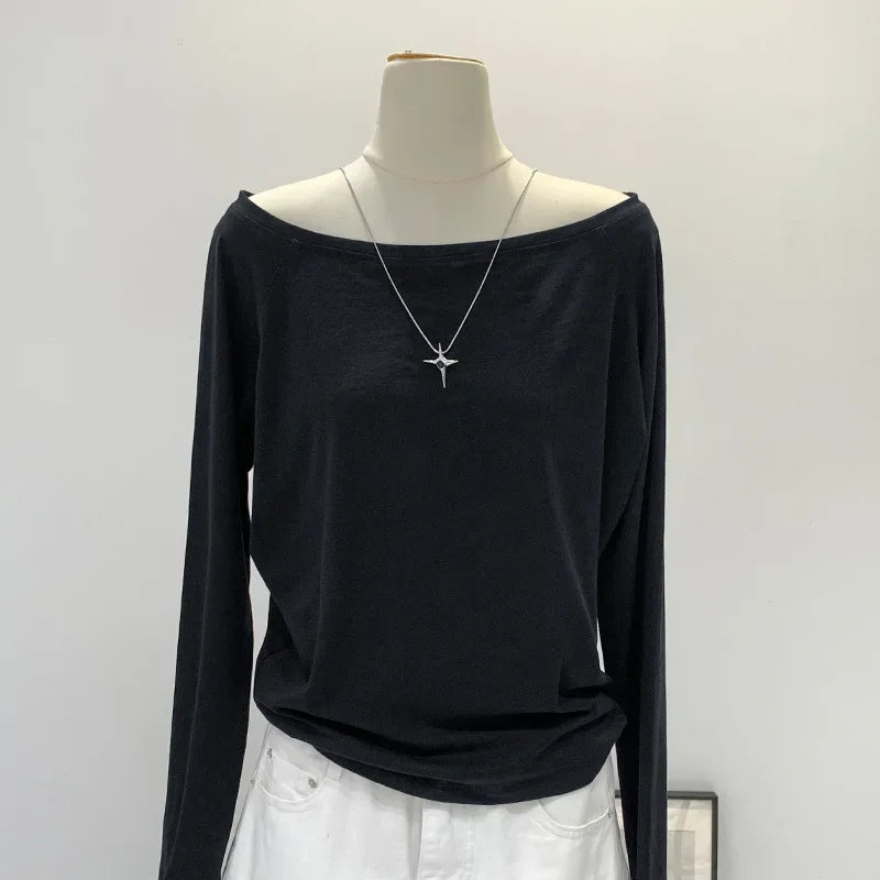One Shoulder Cotton Slant Shoulder Long Sleeve Women's Clothing Style Interior Wide Truffle Shoulder Base Autumn Winter Shirt