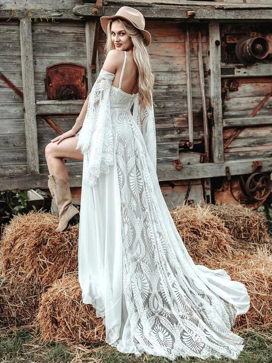 Customized Bohemian Chic Civil Bridal Dress Hippie Crochet Lace Wedding Dress With Slit Gatsby Elvish Bride Gown Robe