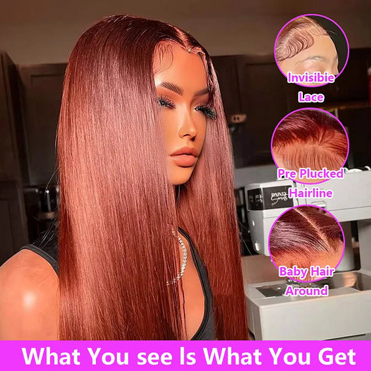 Reddish Brown Straight 13x4 HD Lace Front Human Hair Wigs Brazilian Remy Pre Plucked 30 inch Colored Lace Frontal Wig for Women